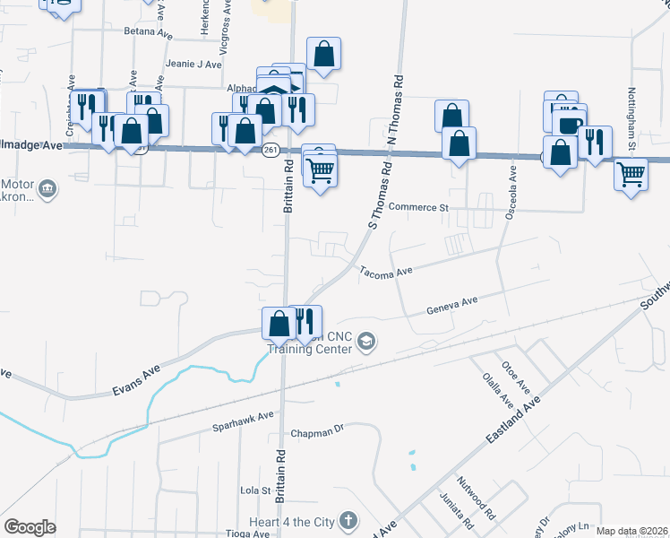 map of restaurants, bars, coffee shops, grocery stores, and more near 181 South Thomas Road in Tallmadge