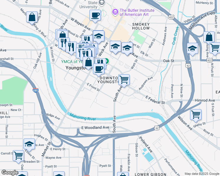 map of restaurants, bars, coffee shops, grocery stores, and more near in Youngstown