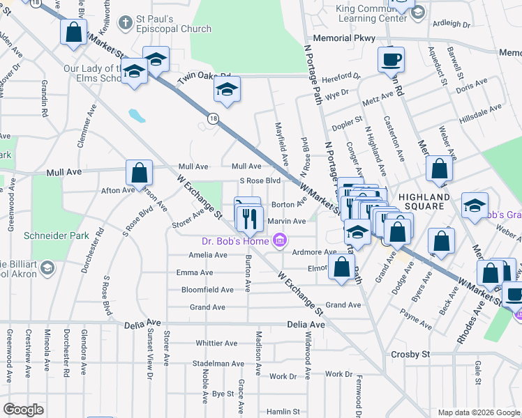 map of restaurants, bars, coffee shops, grocery stores, and more near 97 Borton Avenue in Akron