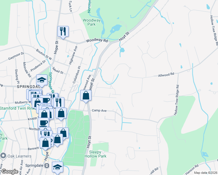 map of restaurants, bars, coffee shops, grocery stores, and more near 30 Kensett Lane in Darien