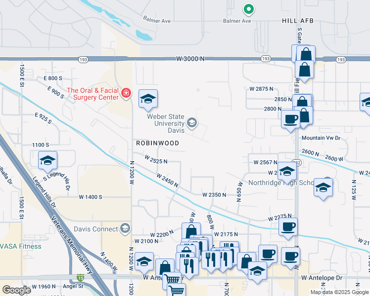 map of restaurants, bars, coffee shops, grocery stores, and more near 960 West 2600 North in Layton