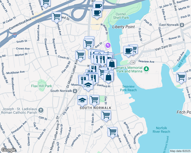 map of restaurants, bars, coffee shops, grocery stores, and more near in Norwalk