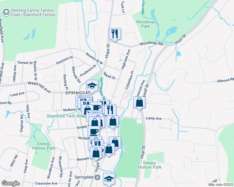 map of restaurants, bars, coffee shops, grocery stores, and more near 12 Columbus Place in Stamford
