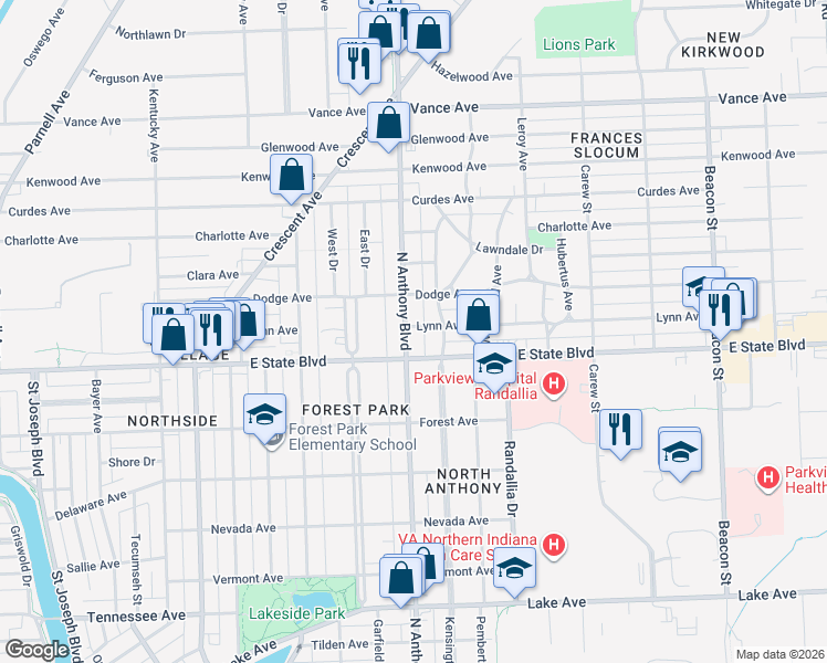 map of restaurants, bars, coffee shops, grocery stores, and more near 2301 Kensington Boulevard in Fort Wayne