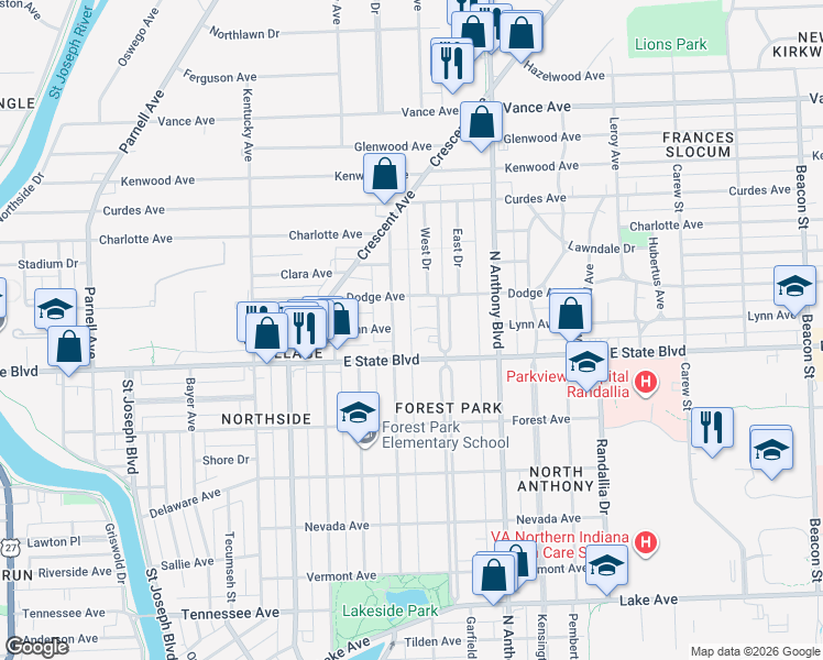 map of restaurants, bars, coffee shops, grocery stores, and more near in Fort Wayne