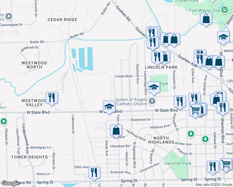map of restaurants, bars, coffee shops, grocery stores, and more near 2428 Tyler Avenue in Fort Wayne