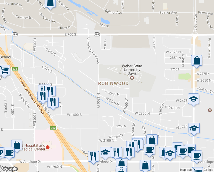 map of restaurants, bars, coffee shops, grocery stores, and more near 2562 North 1150 West in Layton