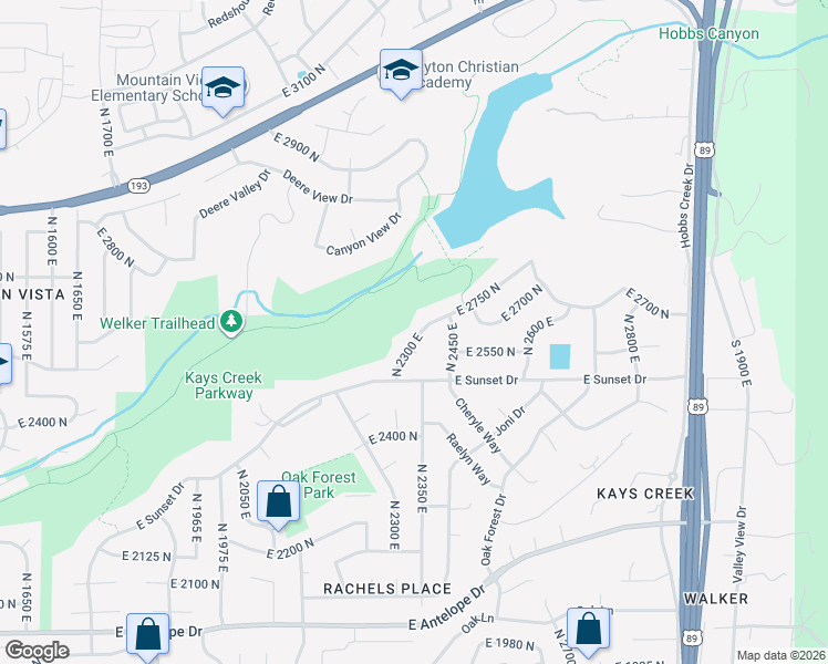 map of restaurants, bars, coffee shops, grocery stores, and more near 2597 North 2300 East in Layton