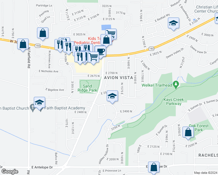 map of restaurants, bars, coffee shops, grocery stores, and more near 1466 East 2600 North in Layton