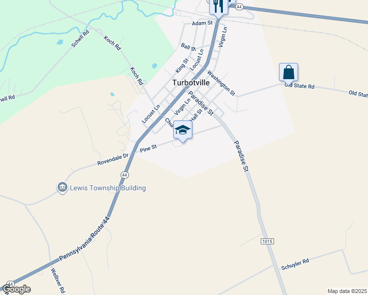 map of restaurants, bars, coffee shops, grocery stores, and more near 301 Pine Street in Turbotville