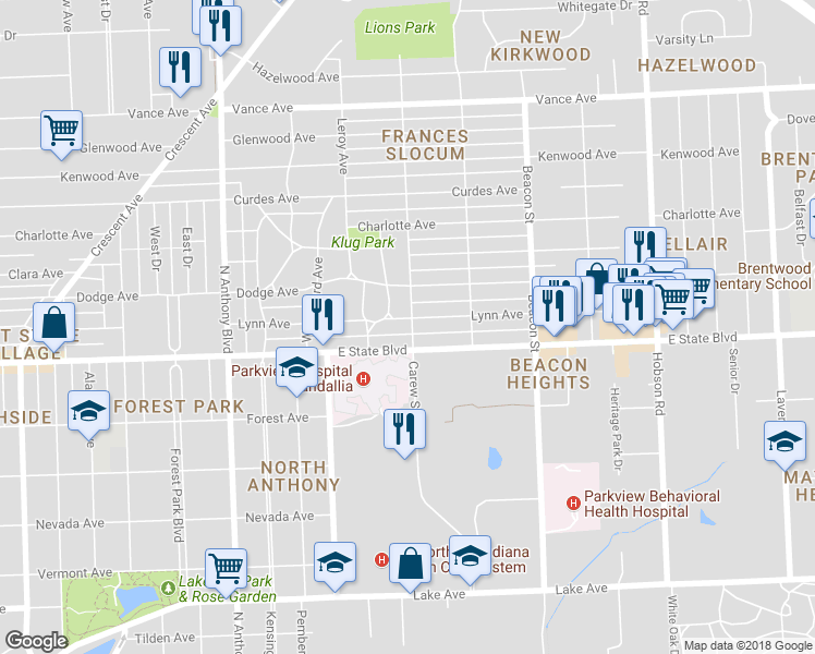 map of restaurants, bars, coffee shops, grocery stores, and more near 2318 Lynn Avenue in Fort Wayne