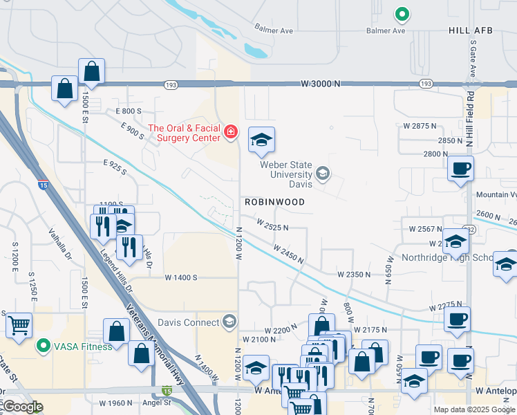 map of restaurants, bars, coffee shops, grocery stores, and more near 2562 North 1150 West in Layton
