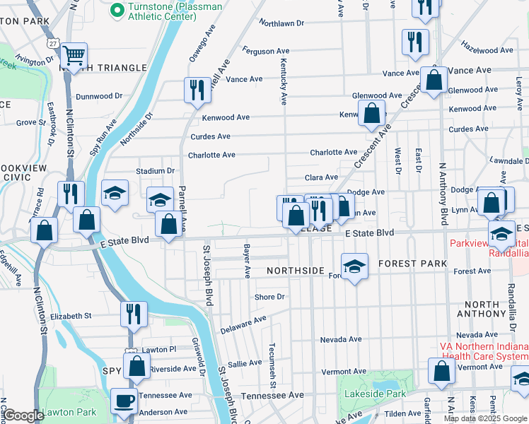 map of restaurants, bars, coffee shops, grocery stores, and more near 909 East State Boulevard in Fort Wayne