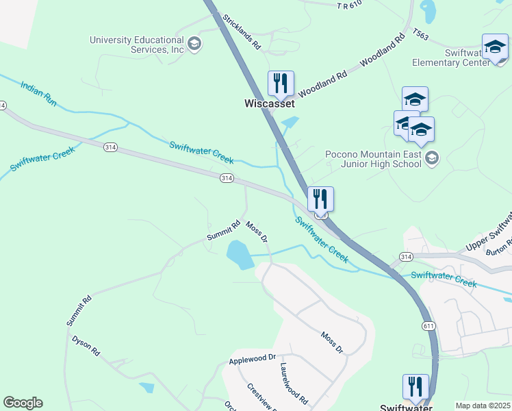map of restaurants, bars, coffee shops, grocery stores, and more near Manor Drive in Mount Pocono