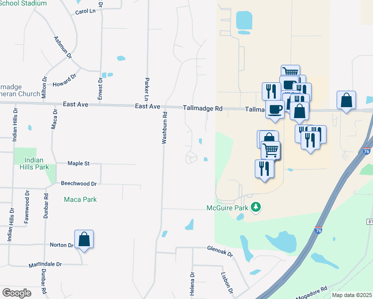 map of restaurants, bars, coffee shops, grocery stores, and more near 71 Eastpointe Drive in Tallmadge