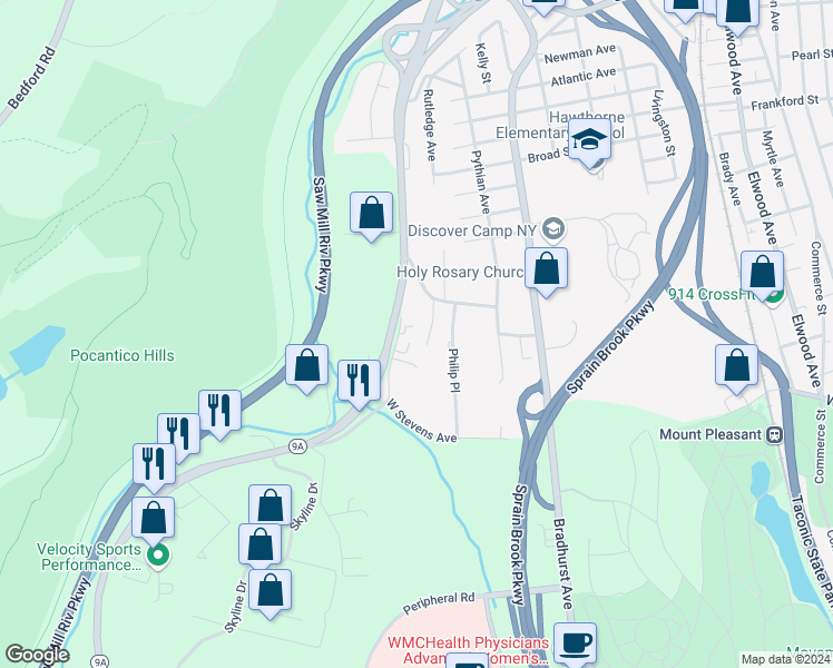 map of restaurants, bars, coffee shops, grocery stores, and more near 150 Old Saw Mill River Road in Hawthorne