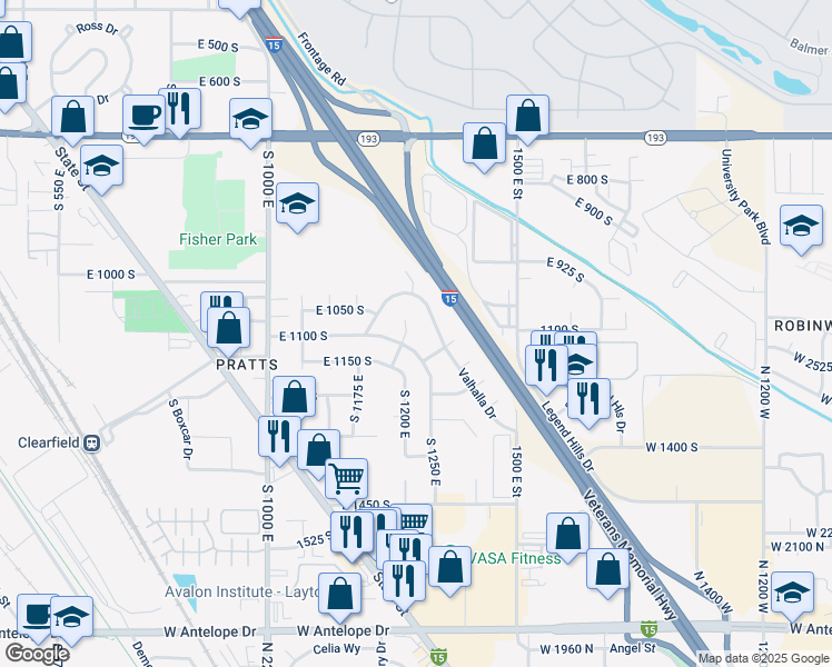 map of restaurants, bars, coffee shops, grocery stores, and more near 1211 Valhalla Drive in Clearfield
