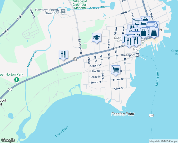 map of restaurants, bars, coffee shops, grocery stores, and more near 135 Corwin Street in Greenport