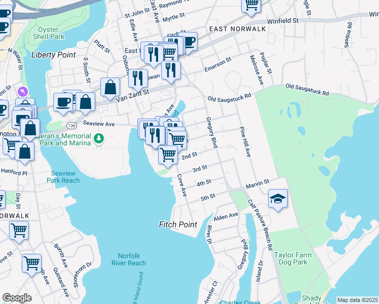 map of restaurants, bars, coffee shops, grocery stores, and more near 40 1st Street in Norwalk