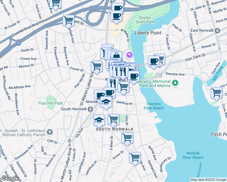 map of restaurants, bars, coffee shops, grocery stores, and more near 23 South Main Street in Norwalk