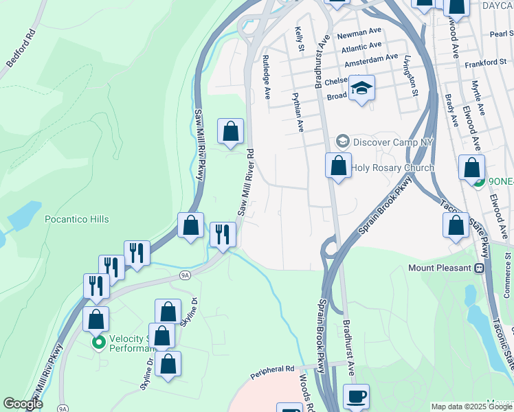 map of restaurants, bars, coffee shops, grocery stores, and more near 168 Saw Mill River Road in Hawthorne