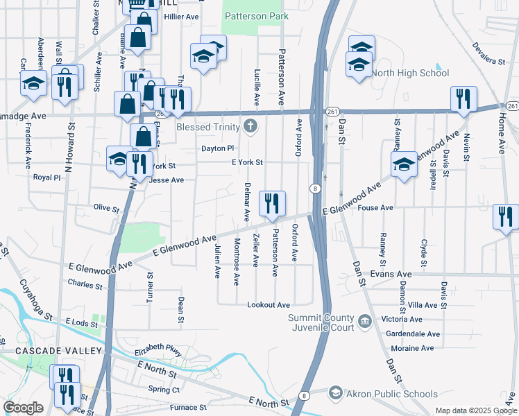 map of restaurants, bars, coffee shops, grocery stores, and more near 471 Delmar Avenue in Akron