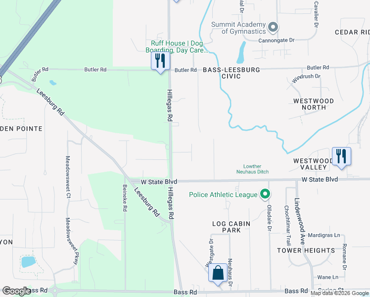 map of restaurants, bars, coffee shops, grocery stores, and more near 2519 Washington Court in Fort Wayne