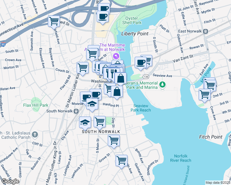map of restaurants, bars, coffee shops, grocery stores, and more near 32 Haviland Street in Norwalk