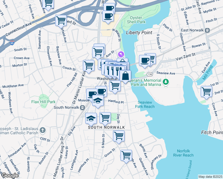 map of restaurants, bars, coffee shops, grocery stores, and more near 8 Haviland Street in Norwalk