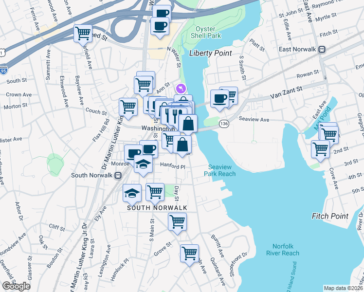 map of restaurants, bars, coffee shops, grocery stores, and more near 47 North Water Street in Norwalk