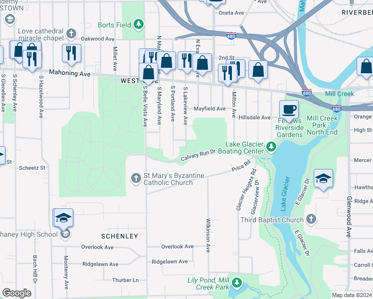 map of restaurants, bars, coffee shops, grocery stores, and more near 199 Lakeview Avenue in Youngstown