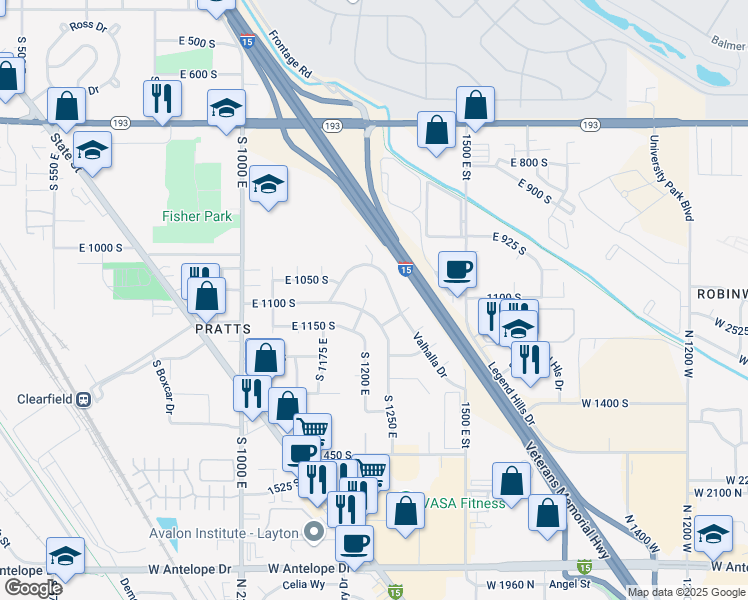 map of restaurants, bars, coffee shops, grocery stores, and more near 1211 Valhalla Drive in Clearfield
