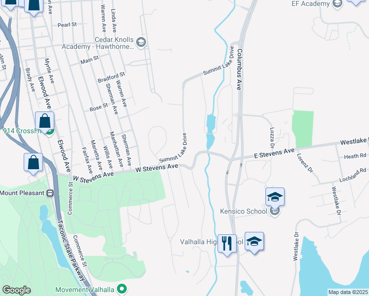 map of restaurants, bars, coffee shops, grocery stores, and more near 500 Summit Lake Drive in Valhalla