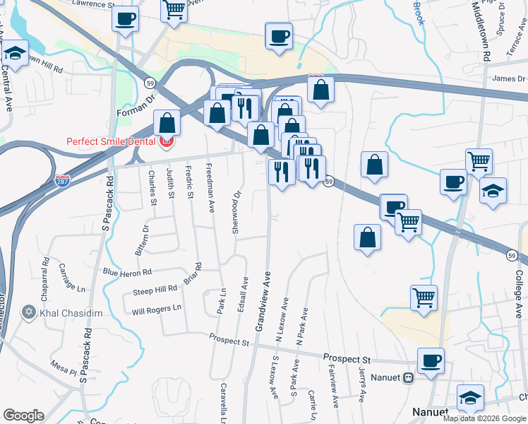 map of restaurants, bars, coffee shops, grocery stores, and more near 39 Grandview Avenue in Nanuet