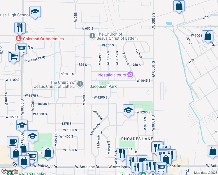 map of restaurants, bars, coffee shops, grocery stores, and more near 1162 West 1100 South in Clearfield