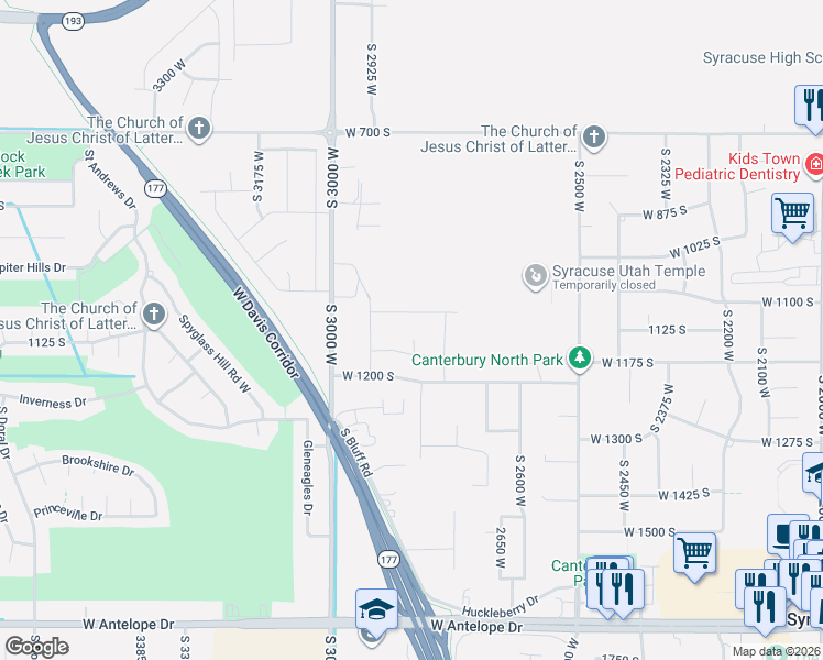 map of restaurants, bars, coffee shops, grocery stores, and more near 1092 2750 West in Syracuse