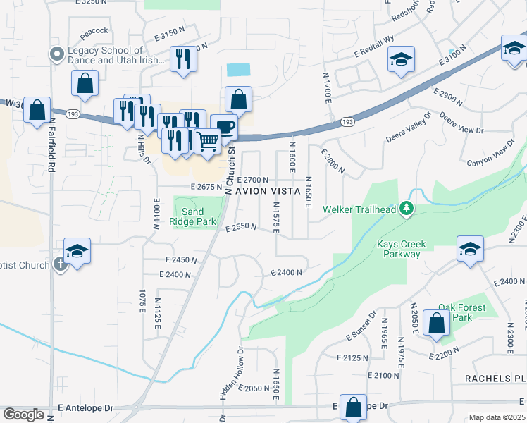 map of restaurants, bars, coffee shops, grocery stores, and more near 2586 North 1525 East in Layton