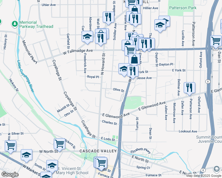 map of restaurants, bars, coffee shops, grocery stores, and more near in Akron