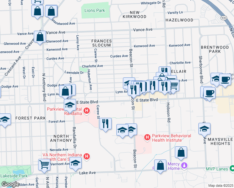 map of restaurants, bars, coffee shops, grocery stores, and more near 2606 Lynn Avenue in Fort Wayne