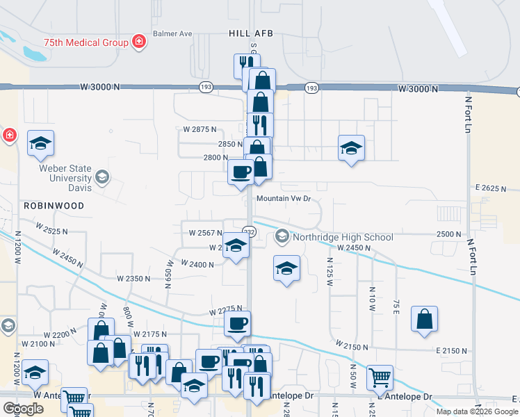map of restaurants, bars, coffee shops, grocery stores, and more near 2631 North 400 West in Layton