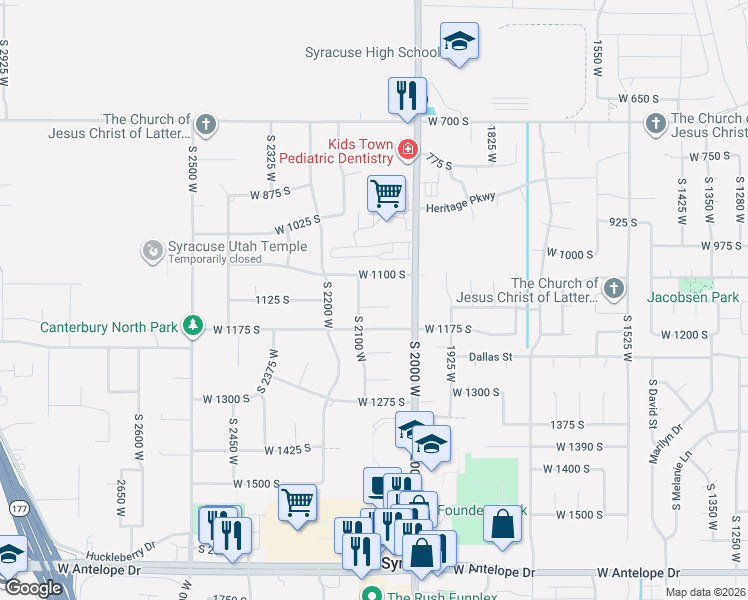 map of restaurants, bars, coffee shops, grocery stores, and more near 2079 West 1100 South in Syracuse
