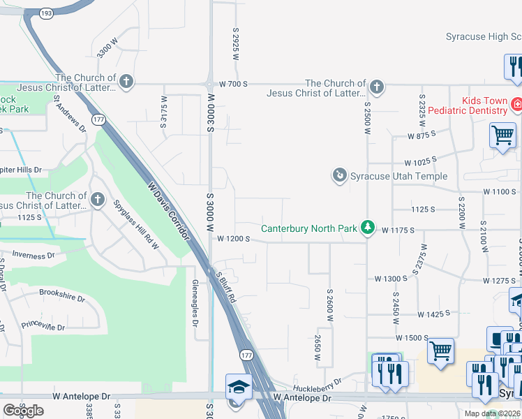 map of restaurants, bars, coffee shops, grocery stores, and more near 1092 2750 West in Syracuse