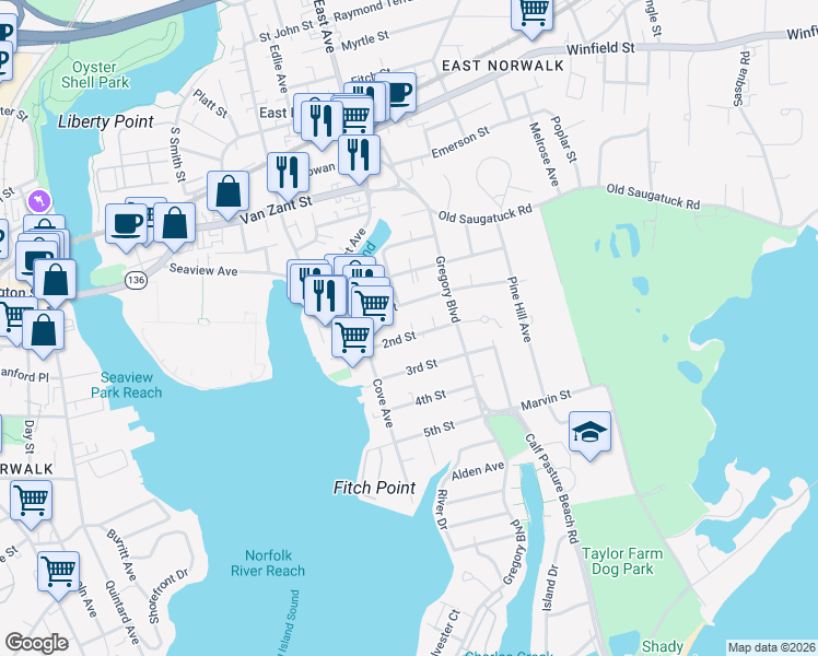 map of restaurants, bars, coffee shops, grocery stores, and more near 40 1st Street in Norwalk