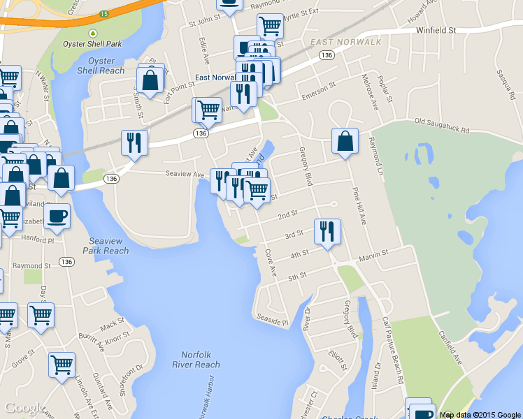 map of restaurants, bars, coffee shops, grocery stores, and more near 23 1st Street in Norwalk