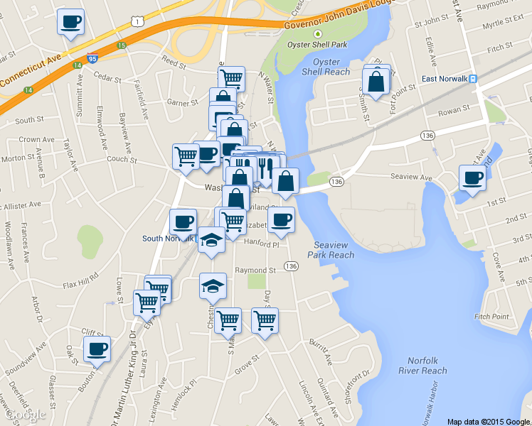 map of restaurants, bars, coffee shops, grocery stores, and more near 5 Haviland Street in Norwalk