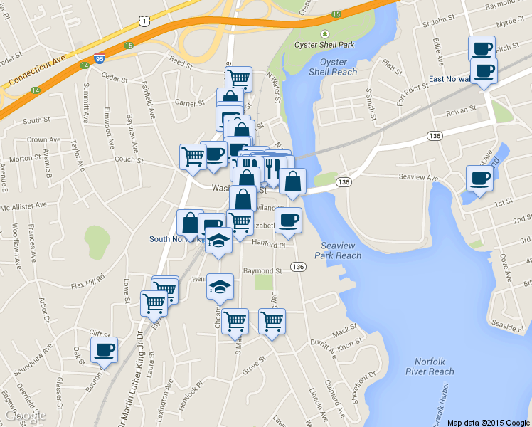 map of restaurants, bars, coffee shops, grocery stores, and more near in Norwalk