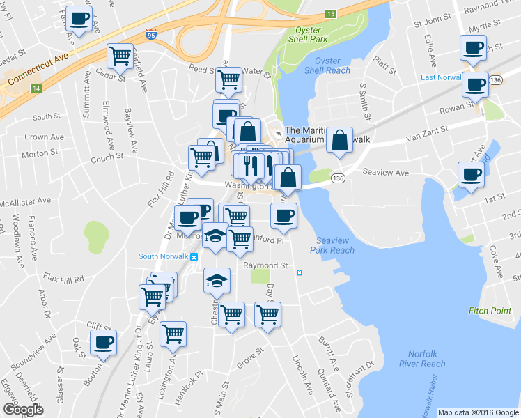 map of restaurants, bars, coffee shops, grocery stores, and more near in Norwalk