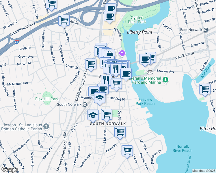 map of restaurants, bars, coffee shops, grocery stores, and more near 23 South Main Street in Norwalk