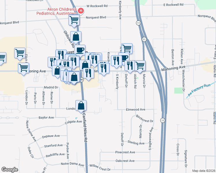 map of restaurants, bars, coffee shops, grocery stores, and more near in Austintown