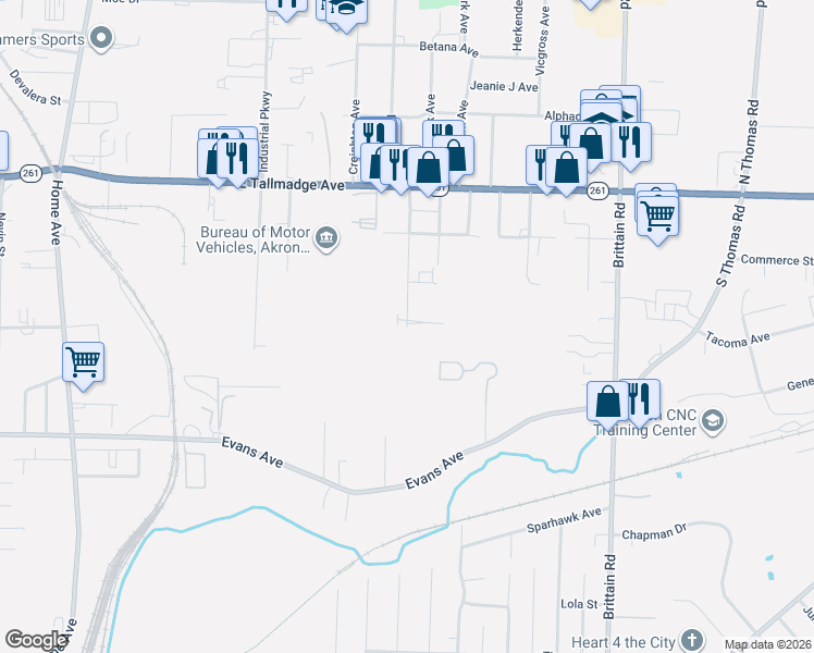 map of restaurants, bars, coffee shops, grocery stores, and more near 1256 Brownstone Avenue in Akron